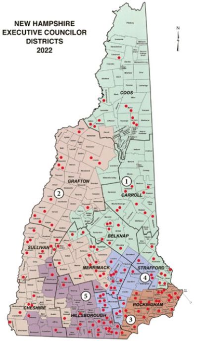 Map of NH Executive Councilor Districts with dots showing the location of entities that requested SLCGP services. 